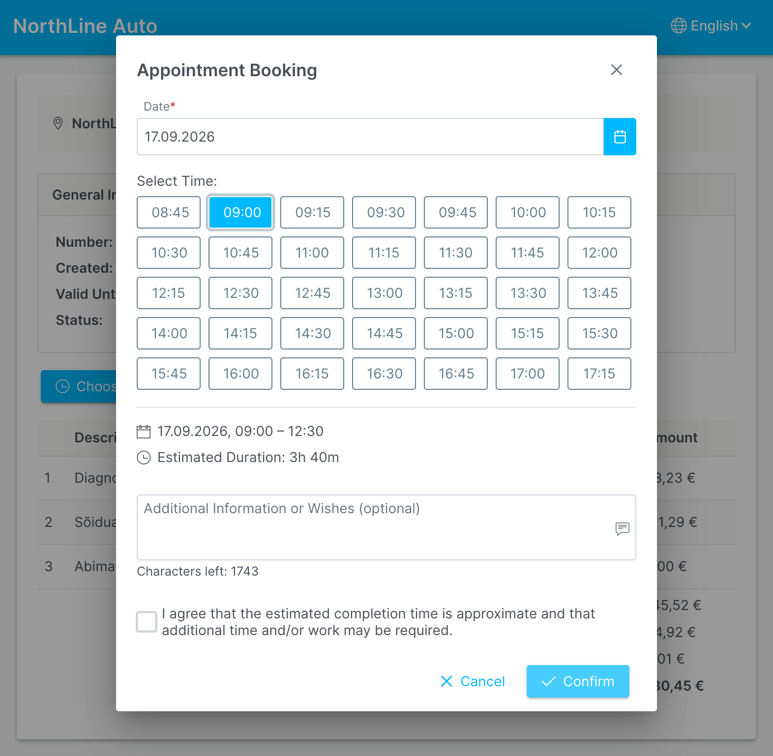 Screenshot: Estimates and online booking without the back-and-forth