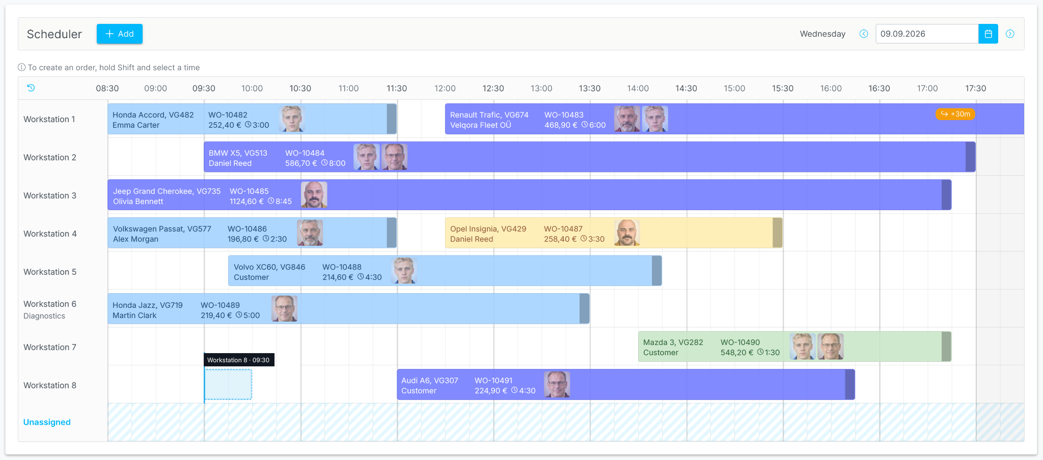 Screenshot: Scheduling built around real workshop work